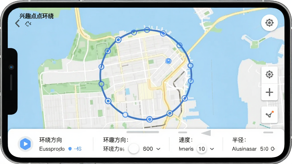 主体为手机APP界面展示“兴趣点环绕”模式的设置页面,地图上有规划好的圆形航线;布局上以地图为主,下方有参数设置栏;排版简洁明了;风格扁平化设计;细节包括环绕方向、速度、半径等选项;画质干净、高清晰度、无多余元素