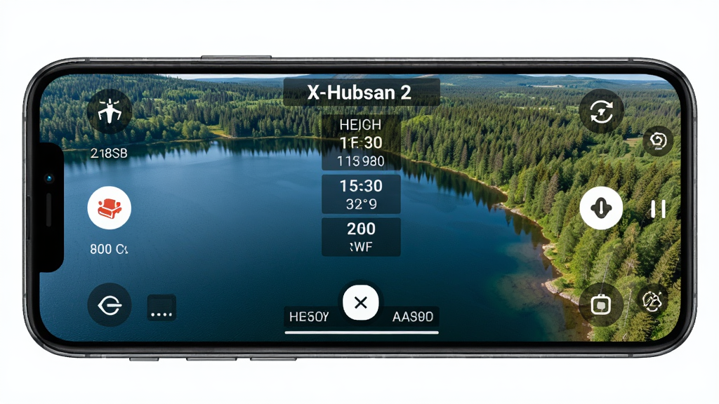 主体为手机横屏界面展示X-Hubsan 2的图传画面,画面中是湖泊与森林的航拍美景;布局以手机界面为中心,周围有简洁的操作按钮;排版清晰,突显图传画面的高清质感;风格写实且色彩鲜艳;细节包括画面中央的飞行高度、距离等参数叠加显示;画质高清、干净、无多余元素