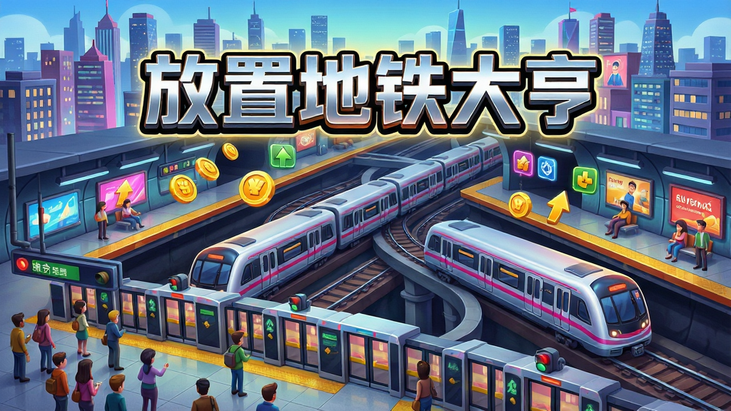 一幅色彩明亮、充满现代感的游戏宣传插画,主体是繁华都市地下的立体地铁网络,多列流线型列车在隧道中穿梭,站台上霓虹灯闪烁,金币与升级图标悬浮在空中。布局采用斜45度俯瞰视角,前景是繁忙的地铁站台与候车人群,中景是交错纵横的轨道,远景是城市天际线。排版上,画面中央上方用醒目的艺术字写着