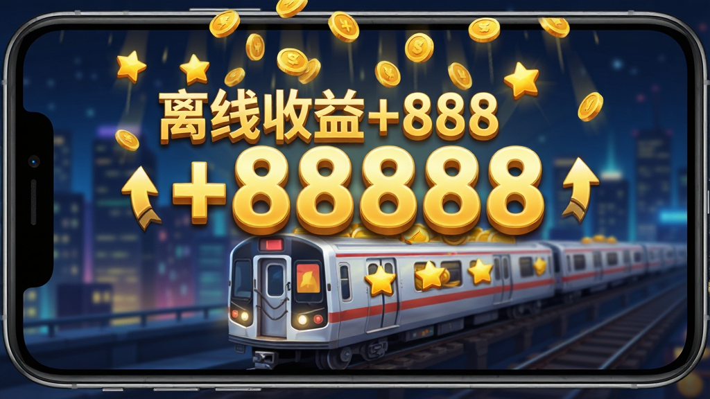 展示游戏内挂机收益界面的截图,主体是手机屏幕内显示的金币雨与满载而归的地铁列车,列车顶部弹出巨大的