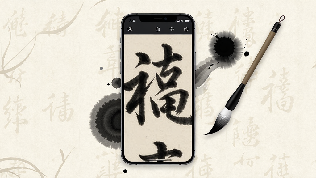 һ��չʾ�Թ��鷨��������ĸ������ֲ�ͼ������������һ�������ֻ�����Ļ�ڳ��־����鷨�����ķŴ�ϸ�ڣ��Ա��������鷨ë�ʺ�ī��Ԫ�أ�����Ϊ������ֽ���������岼�ּ�����������ںϴ�ͳˮī���ִ�UI��ƣ�ϸ�ڷḻ�����������ɾ����޶���Ԫ�ء�