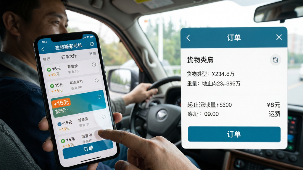 主体:一名司机手持手机查看“拉货搬家司机”APP的抢单大厅,屏幕显示多个订单卡片,其中一张高亮显示“+15元”加价标签。布局:司机位于画面左侧,手机屏幕朝向右前方,右侧展示放大的订单详情弹窗。排版:弹窗内包含货物类型、重量、起止地址和运费,信息排列整齐。风格:写实风格,室内光线自然,背景为驾驶室。细节:司机面带微笑,手指准备点击接单按钮,手机屏幕反射轻微光泽。画质:高清细腻,画面干净。