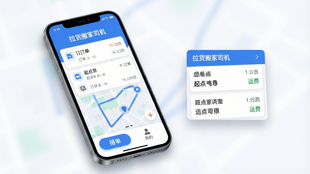 主体:手机屏幕展示“拉货搬家司机”APP主界面,界面顶部显示“拉货搬家司机”字样,中部有订单列表和导航地图,底部有“接单”“我的”按钮。布局:手机位于画面中央偏左,右侧留白添加悬浮窗展示订单详情,整体构图平衡。排版:界面文字清晰,图标圆润,色彩以蓝色和白色为主。风格:现代扁平化设计,科技感强,明亮通透。细节:地图上显示路线规划,订单卡片显示起点终点和运费,手机边缘有柔和阴影。画质:4K超清,干净无多余元素。