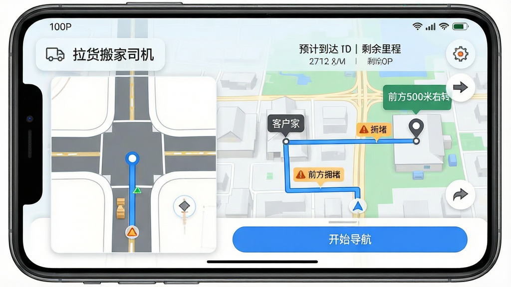 主体:手机屏幕显示“拉货搬家司机”APP导航界面,地图上有一条蓝色路线,起点为“客户家”,终点为“新家”,途经点有拥堵提示。布局:手机横屏展示,左侧为路口放大示意图,右侧为地图全览。排版:顶部显示预计到达时间和剩余里程,底部有“开始导航”按钮。风格:地图配色清新,路线清晰,UI简洁。细节:地图上标注了“前方500米右转”的提示卡片,手机顶部状态栏显示电量与信号。画质:1080P,干净无多余元素。