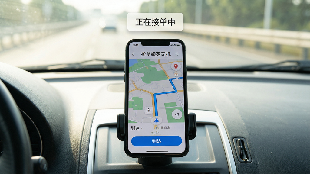 主体:一部智能手机平放在驾驶室中控台上,屏幕显示“拉货搬家司机”APP的导航界面,背景是模糊的挡风玻璃和道路。布局:手机位于画面中央,四周留白,上方有“正在接单中”的小悬浮窗。排版:导航地图清晰,路线为蓝色,底部有“到达”按钮。风格:真实场景拍摄风格,光线自然,有轻微阳光透过玻璃。细节:手机屏幕上有时间显示,旁边有车载支架,画面干净。画质:高清,无多余元素。