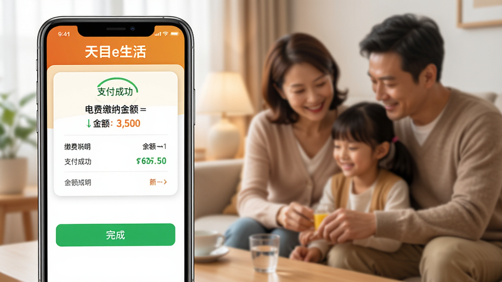 主体:手机界面展示“天目e生活”的缴费成功页面,显示电费缴纳金额与余额。布局:手机与一张温馨的家庭生活场景照片并排,体现生活化服务。排版:页面顶部有“天目e生活”字样,中间为缴费明细,底部有“完成”按钮。风格:写实与UI结合风格,色彩温暖,突出安全与便捷。细节:屏幕上显示“支付成功”绿色标识,家庭场景虚化。画质:高清,干净明亮。