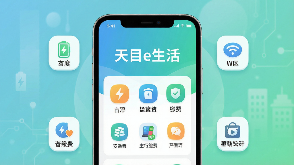 主体:一部智能手机屏幕展示“天目e生活”APP主界面,周围环绕着电量、WIFI、社区、缴费等简洁图标。布局:手机居中,界面内容清晰可见,背景为柔和的渐变蓝绿色,营造科技与生活融合的氛围。排版:主标题“天目e生活”位于手机屏幕上方,下方排列功能图标。风格:现代扁平化设计风格,色彩明亮清新,细节精致。画质:4K超高清,干净无多余元素。