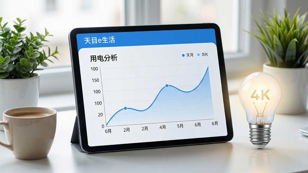 主体:平板电脑展示“天目e生活”的用电趋势曲线图,旁边有节能灯泡图标。布局:平板与咖啡杯、绿植放在桌面,形成使用场景。排版:屏幕内图表清晰,标题为“用电分析”,坐标轴标注清晰。风格:简洁商务风格,蓝色主调,数据可视化。细节:节能灯泡发出柔和光芒。画质:4K,干净,无多余元素。