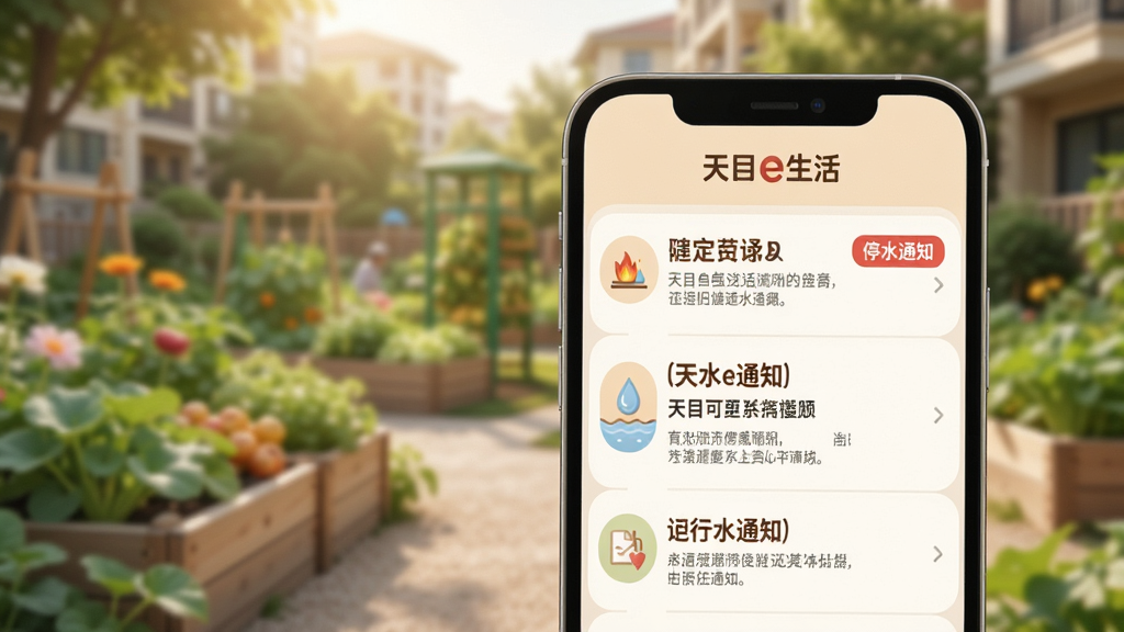 主体:手机展示“天目e生活”的社区公告列表,背景为模糊的社区花园。布局:手机放在前景,背景为社区环境,营造亲切感。排版:列表中有多条通知,标题突出。风格:温馨自然风格,浅色调,图标圆润。细节:通知栏有“停水通知”红色标签。画质:高清,干净,无多余元素。