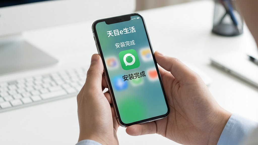 主体:一张双手捧着手机,屏幕显示“天目e生活”安装完成界面的照片。布局:双手位于画面中央,背景为干净的办公桌。排版:屏幕中央有“安装完成”字样,背景虚化。风格:写实摄影风格,光线明亮柔和。细节:手机屏幕清晰显示APP图标。画质:高清,干净,无多余元素。