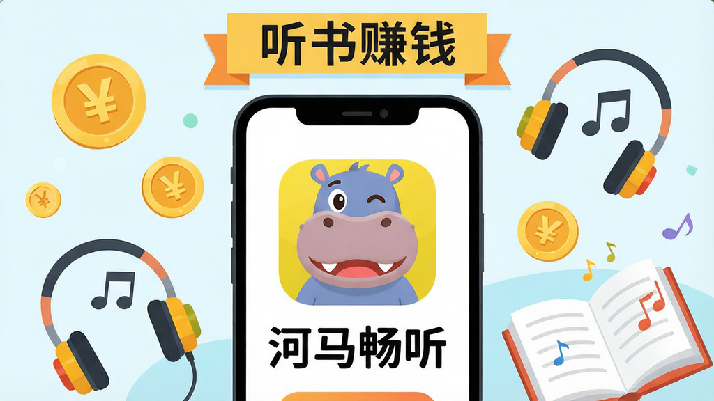 主体:河马畅听APP界面展示,一部智能手机屏幕显示河马卡通形象与“河马畅听”字样,周围有金币、耳机、书本元素。布局:手机居中,金币与耳机环绕四周,上方有“听书赚钱”标语。排版:简洁大方,突出APP名称与核心功能。风格:现代扁平化插画风,色彩明亮活泼。细节:金币上有“”符号,耳机带有音符,书本展开。画质:高清、干净、无多余元素。