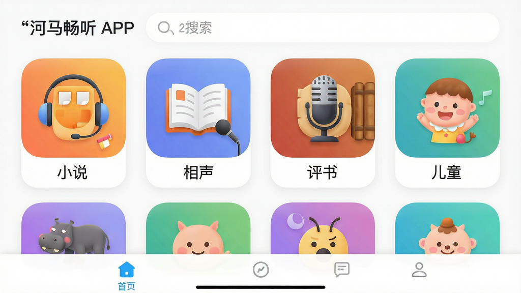 主体:河马畅听APP的音频分类界面,展示“小说”、“相声”、“评书”、“儿童”等分类图标,每个图标旁有代表性的小图。布局:网格状排列,上方搜索栏,底部导航栏。排版:清晰有序,图标下方有文字标签。风格:清新简洁的UI设计,圆角卡片。细节:分类图标颜色丰富,有耳机、书本、麦克风元素。画质:高清、干净、无多余元素。