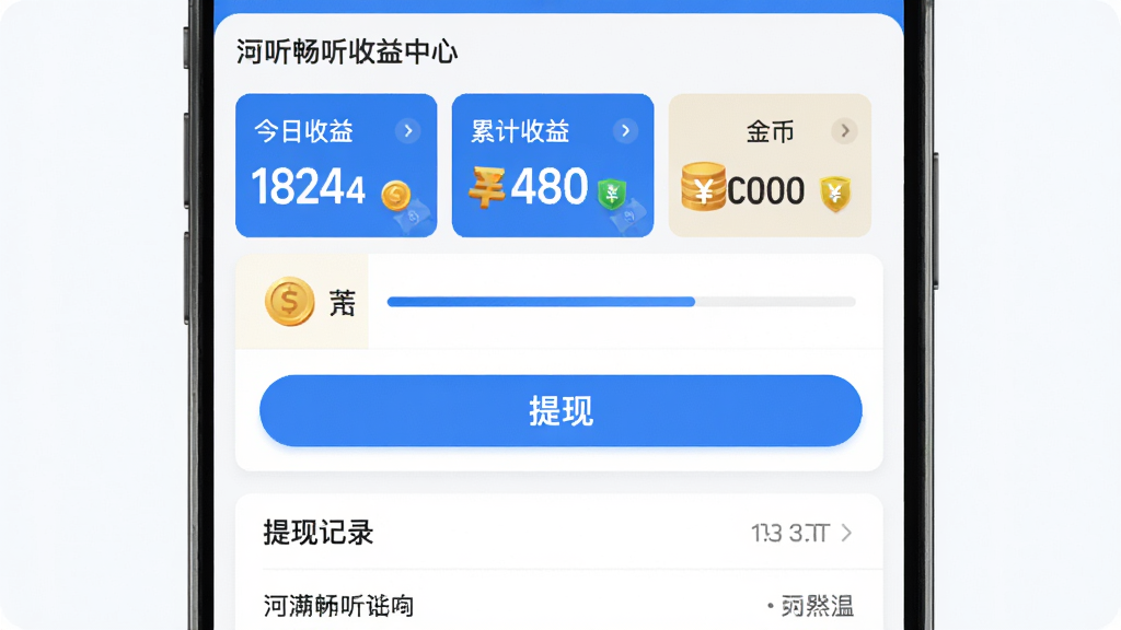 主体:河马畅听APP的收益中心界面,显示今日收益、累计收益、金币数量,以及“提现”按钮。布局:数据卡片纵向排列,底部有提现记录列表。排版:数字突出,按钮醒目。风格:商务简洁风,蓝白主色调。细节:金币图标、现金符号、进度条。画质:高清、干净、无多余元素。