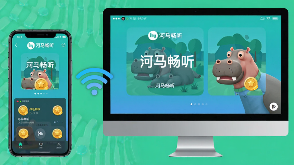 主体:河马畅听APP在手机和电脑上同时运行的场景,手机与电脑屏幕都显示河马畅听界面。布局:手机在左,电脑在右,中间有WiFi信号连接图标。排版:对比鲜明,突出多端同步。风格:写实与扁平结合,科技感。细节:屏幕上有“河马畅听”字样,金币图标。画质:高清、干净、无多余元素。