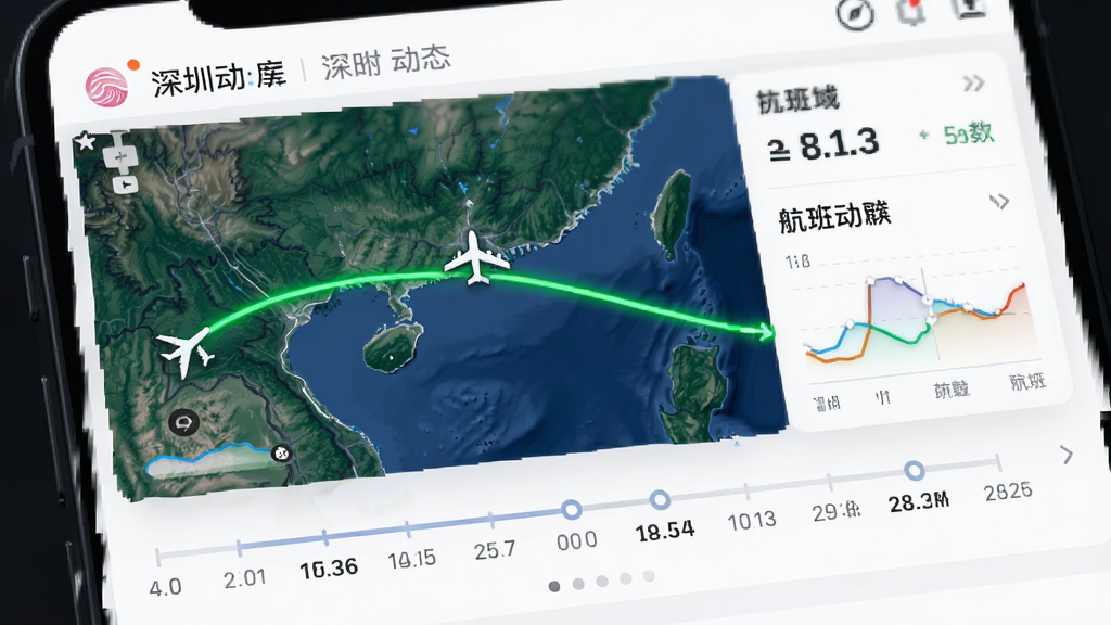 深圳航空app航班动态页面,显示实时飞行轨迹地图,绿色航线,飞机图标,时间轴清晰,界面现代感,数据可视化,高清画质,干净无多余元素
