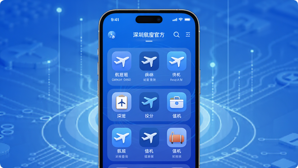 深圳航空官方app主界面,展示航班查询与值机功能,蓝色科技感背景,手机屏幕居中,界面简洁清晰,图标圆润,航空元素点缀,高清渲染,干净无多余元素