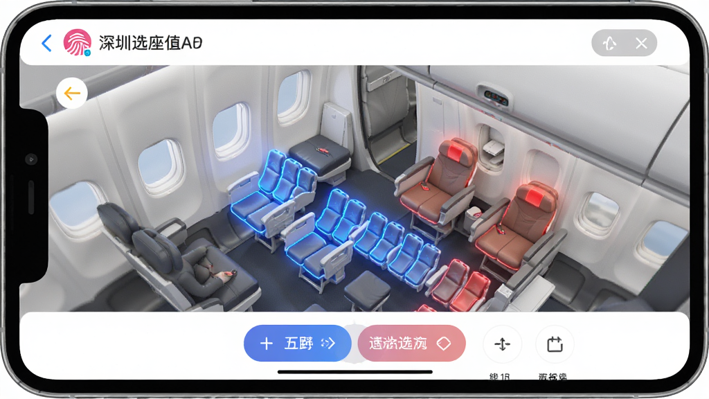 深圳航空app值机选座界面,3D机舱座位图,蓝色高亮可选座位,红色已选,底部按钮,简洁交互设计,高清渲染,干净无多余元素