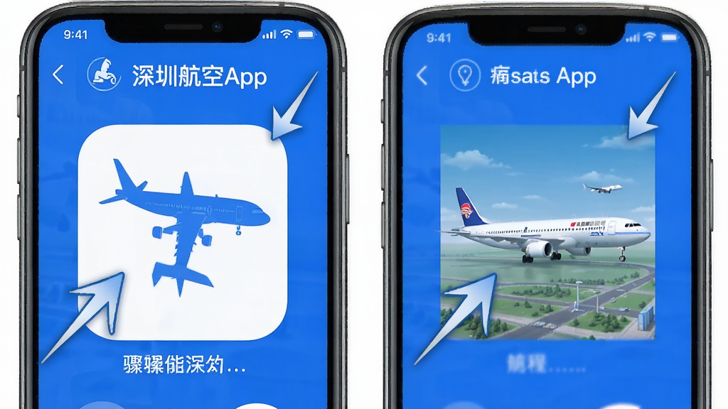 深圳航空app使用指南教程,手机操作步骤截图,箭头标注,简洁明了,蓝色调,高清画质,干净无多余元素