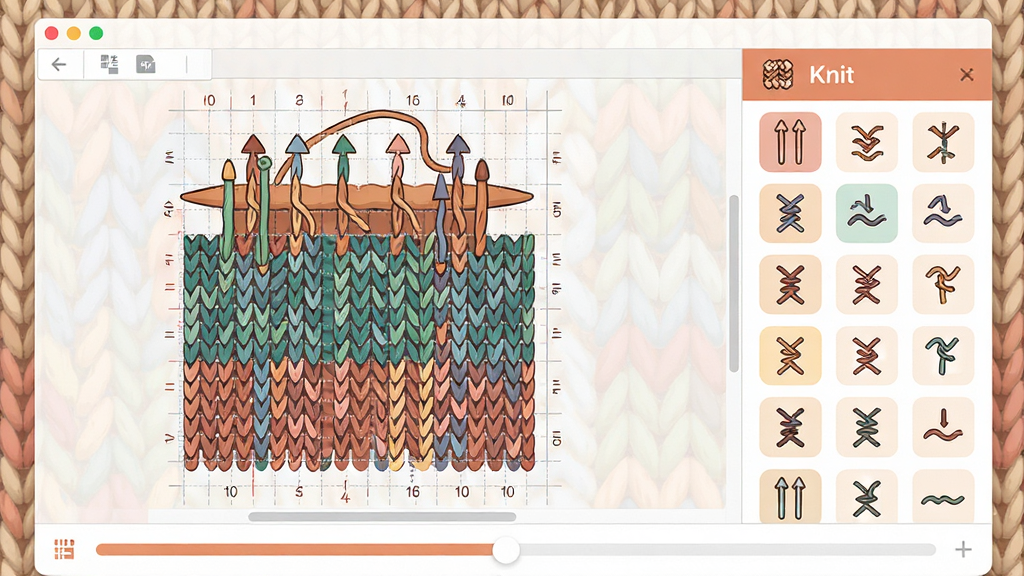 主体:Knit软件界面,展示编织图案设计画布与针法库;布局:左侧为图案编辑区,右侧为针法符号面板,底部有进度条;排版:清晰的分栏结构,图标化按钮;风格:扁平化设计,温暖柔和的色调,搭配编织纹理背景;细节:画布上有彩色网格和针法符号,右侧面板列出多种针法图标,顶部有项目名称