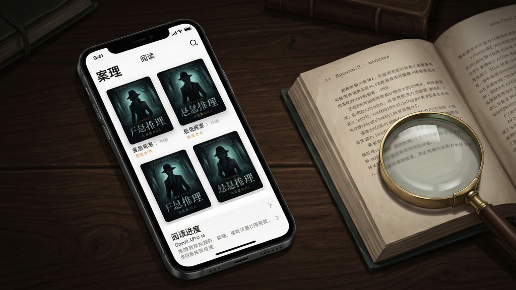 主体:案理APP界面,展示悬疑推理书籍封面与阅读页面,背景为深色木质桌面,手机屏幕亮起,界面显示书籍列表和阅读进度。布局:手机位于画面中央偏左,右侧摆放一本翻开的纸质书和放大镜,营造侦探氛围。排版:手机屏幕内可见应用名称“案理”和几本图书封面,封面风格阴暗神秘。风格:写实插画,光影对比强烈,细节丰富,画质高清,干净无多余元素。