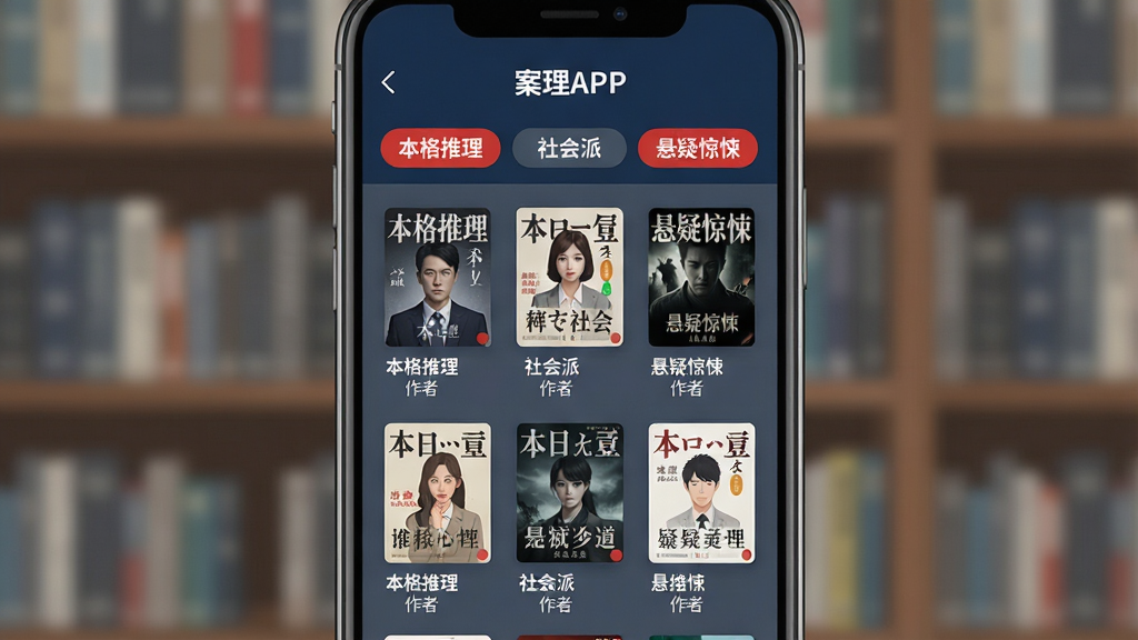 主体:案理APP的书籍分类界面,屏幕中展示“本格推理”、“社会派”、“悬疑惊悚”等标签,下方是图书封面网格。布局:手机屏幕占满画面,左右两侧有微弱的书架背景虚化。排版:封面排列整齐,每本书下方显示书名和作者,居中构图。风格:扁平化UI设计,色调以深蓝和灰色为主,搭配红色高亮标签,画质干净清晰。