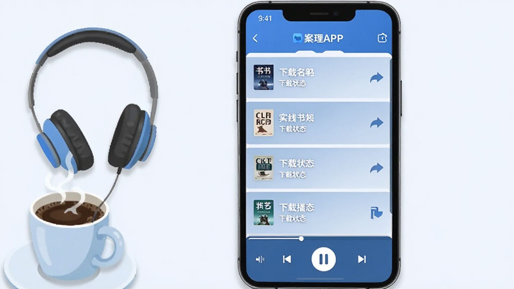 主体:案理APP的离线下载管理界面,显示已下载章节列表和听书播放器。布局:手机屏幕占据画面主体,左侧有耳机和咖啡杯作为陪衬。排版:列表清晰,每行显示书名和下载状态,底部播放器有播放/暂停按钮。风格:扁平化设计,蓝色主调,图标简洁,画质清晰。