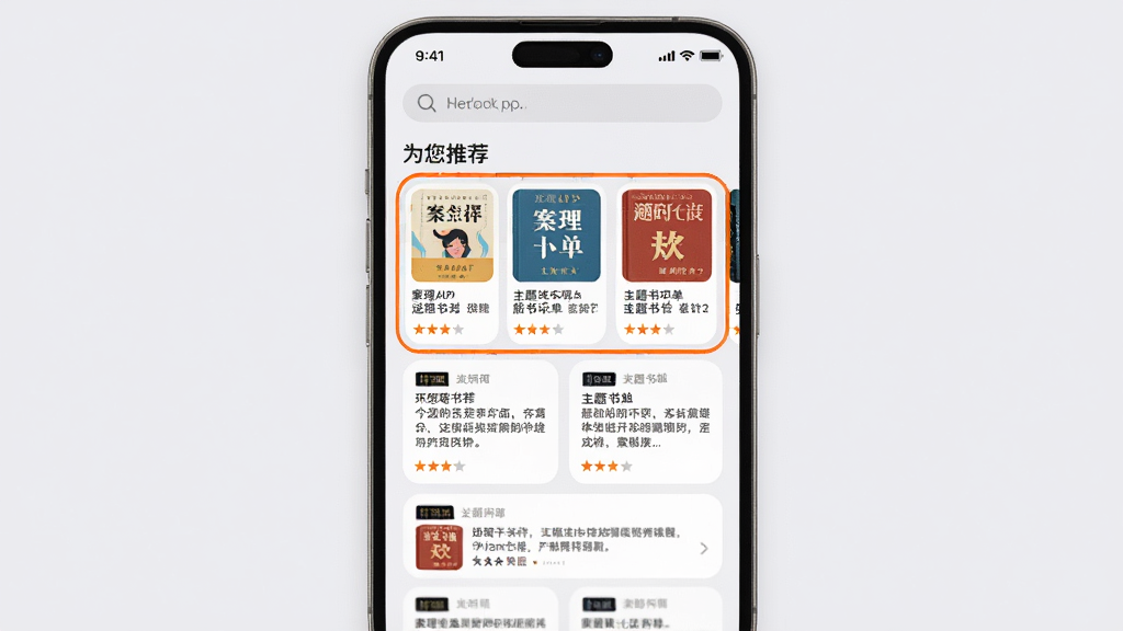 主体:案理APP的个性化推荐页面,展示“为您推荐”栏目和几个主题书单卡片。布局:手机屏幕居中,背景为淡灰色,屏幕上方是搜索栏,下方是瀑布流卡片。排版:卡片圆角设计,包含书名、简介和评分,推荐区域用橙色边框突出。风格:清新简约UI,色彩明快,图标线条流畅,画质干净。