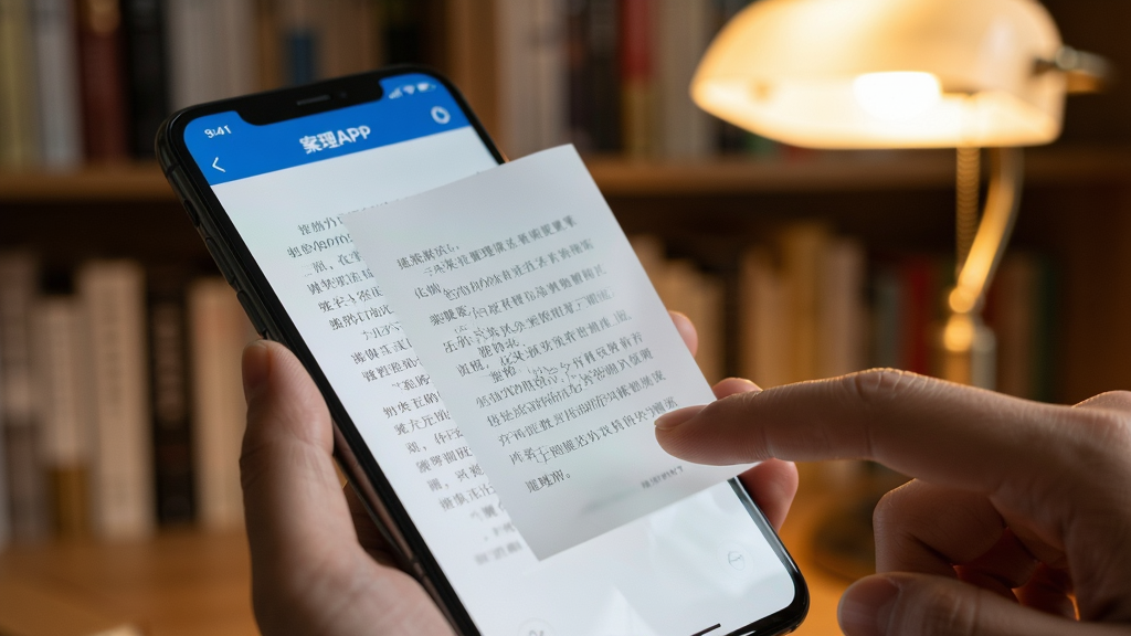 主体:案理APP在手机上的实际使用场景,用户手指点击屏幕翻页。布局:手机特写,背景为书房书架,暖光台灯。排版:屏幕中显示文字段落,手指位于屏幕右侧。风格:真实摄影,浅景深,画面干净,突出屏幕内容。
