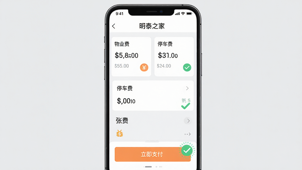 画面主体为手机APP内的“明泰之家”缴费页面,页面清晰展示“物业费”、“停车费”等账单卡片,下方有“立即支付”橙色按钮。布局为手机UI界面截图样式,居中展示。排版简洁清晰,列表项对齐工整。风格为现代扁平化插画风格,色彩搭配柔和,背景为淡雅的浅灰色。细节上突出金额数字与支付成功后的对勾动画效果,画质干净清晰,无多余元素。