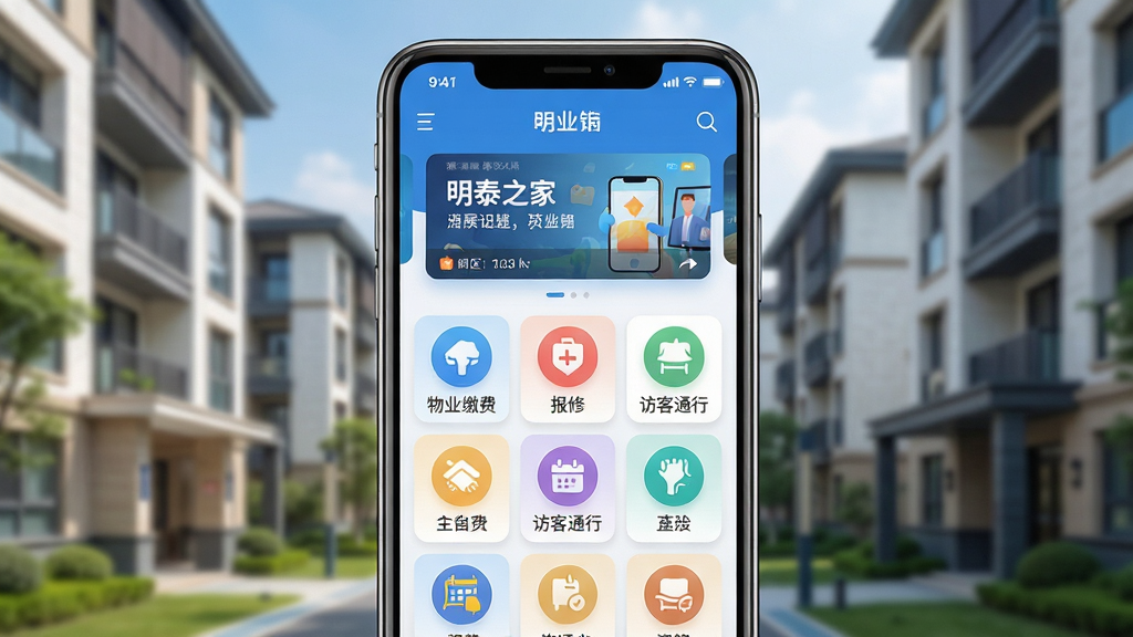 画面主体为智能手机屏幕特写,屏幕内清晰展示“明泰之家”APP的首页界面,顶部有社区公告轮播图,中部是功能图标网格排列,包含物业缴费、报修、访客通行等彩色图标。布局以手机屏幕为中心,周围有模糊的现代小区楼宇背景。排版采用居中构图,UI界面扁平化设计风格,色彩明快清新,以蓝色和白色为主色调。细节上突出APP界面元素的清晰度与真实感,画质为8K高清,干净无多余元素。