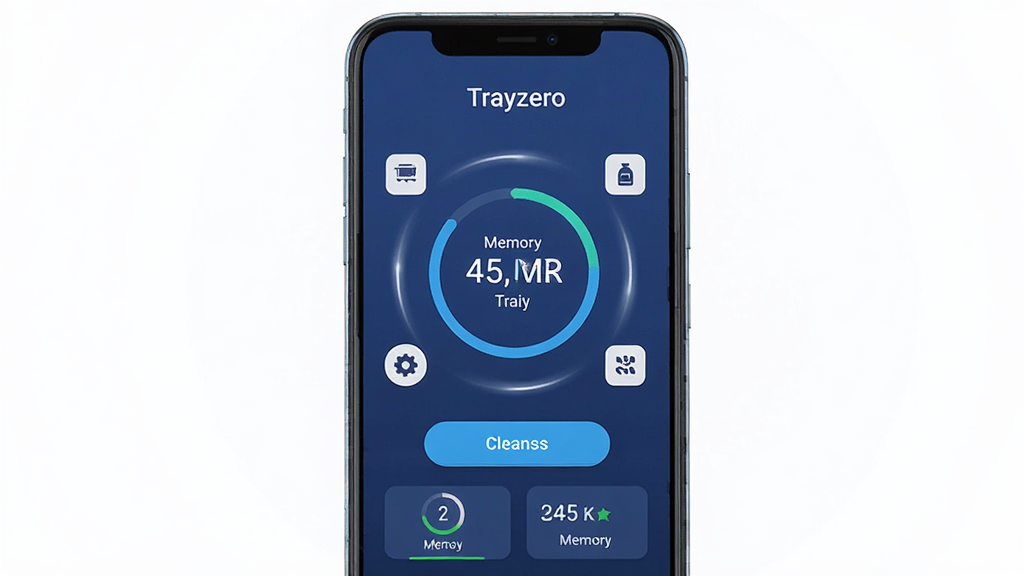 主体为一部现代智能手机屏幕展示Trayzero应用主界面,界面以深蓝色为主色调,中央显示内存清理进度环,周围分布着简洁的功能图标。布局采用居中对称设计,上方为应用名称“Trayzero”字样,下方为清理按钮和内存数据面板。风格为扁平化UI设计,细节上突出内存数字变化与流畅动效,画质高清干净,无多余元素。