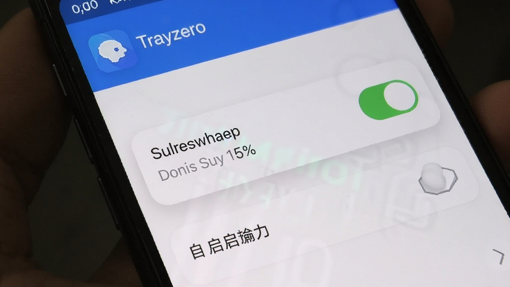 主体为Trayzero应用在手机上的权限设置界面截图,屏幕中显示悬浮窗权限开关和自启动选项。布局为手机竖屏展示,界面清晰简洁。风格为真实截图风格,细节上突出权限开关的绿色开启状态,画质高清干净无多余元素。
