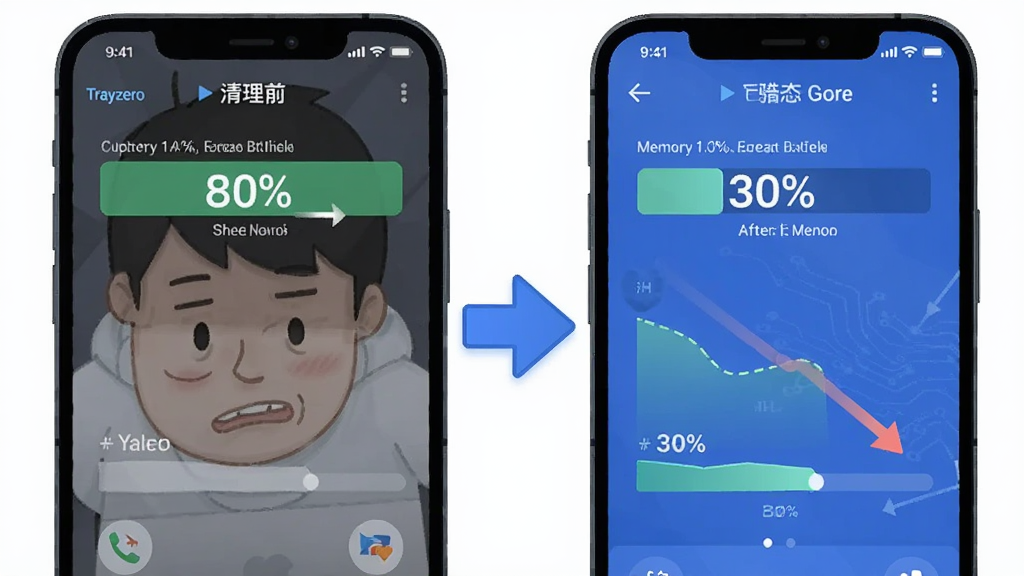 主体为Trayzero软件在手机后台清理内存的场景,手机屏幕显示内存从80%下降到30%的对比动画。布局为左右分屏对比,左侧为清理前的卡顿状态,右侧为清理后的流畅状态,中间以箭头连接。风格为科技感插画,细节上突出内存数字变化与清理速度,画质干净无多余元素。