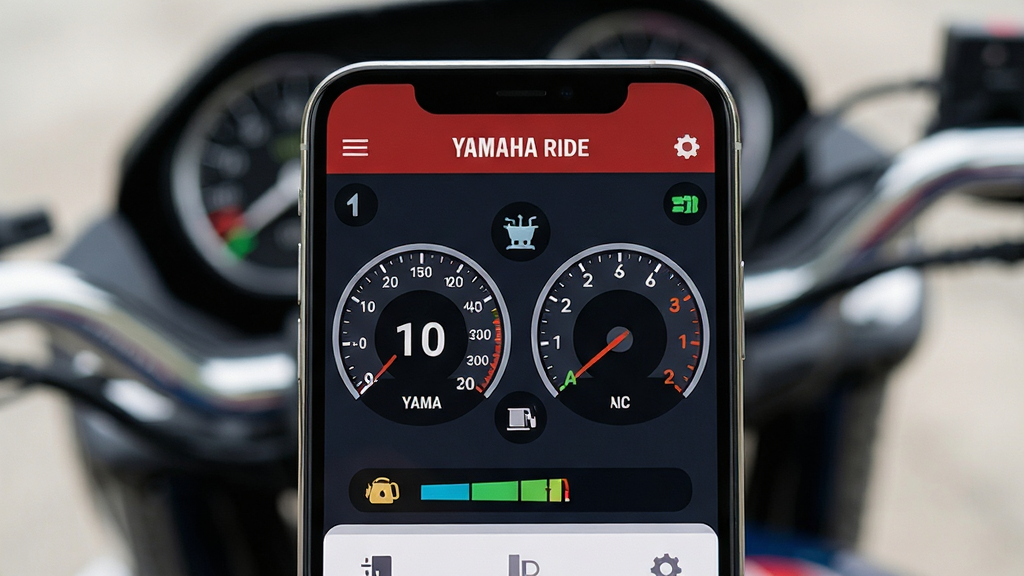 ��д��ͷչʾһ�������ֻ���Ļ����Ļ����ʾ��YAMAHA RIDE��Ӧ�õĳ����Ǳ��̽��棬������Ƽ�࣬�����ٶȱ��̡�ת�ٱ��̺�����ָʾ����������ģ����Ħ�г��Ǳ�̨���������ֻ���Ļ�����־��У��Ű���Ϣ��η��������Ϊ��ƽ��UI��ƣ�ϸ�ڰ����������������ֺͲ�ɫͼ�꣬������������������ɾ��޶���Ԫ��