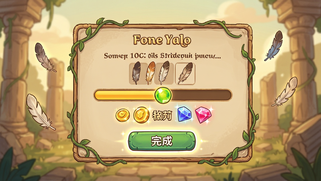 主体:游戏任务面板,展示一个需要收集10个羽毛的任务,进度条已满一半。布局:面板位于屏幕中央,背景是任务场景一片需要修复的古老遗迹。排版:任务描述醒目,奖励图标(金币、宝石)闪闪发光。风格:清新手绘风,色调温暖。细节:面板边缘有藤蔓装饰,任务完成按钮有亮光提示,遗迹上漂浮着羽毛元素。画质:4k细腻,干净,无多余元素。