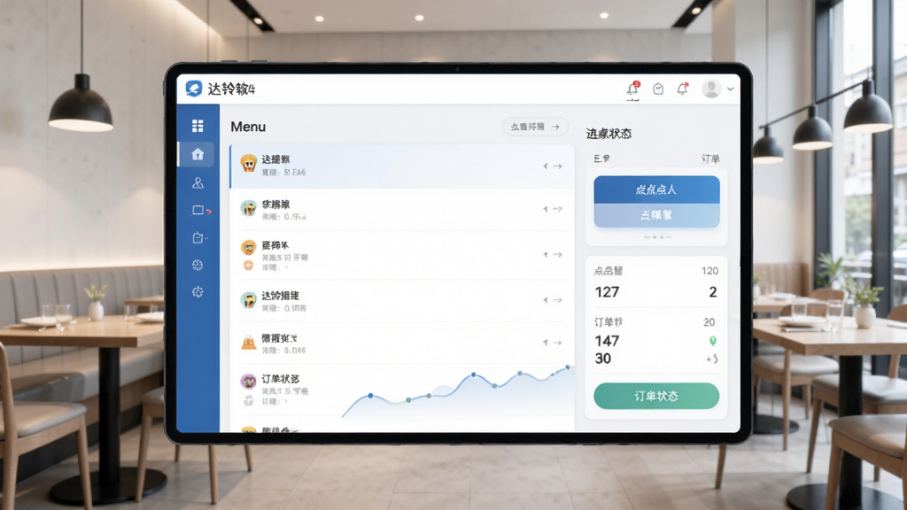 达铃软件主界面预览图,展示清晰的功能布局与友好的操作界面,背景为现代简约餐厅环境,界面中显示菜单列表、点餐按钮与订单状态,整体色调明亮干净,排版规整,细节丰富,画质高清,无多余元素