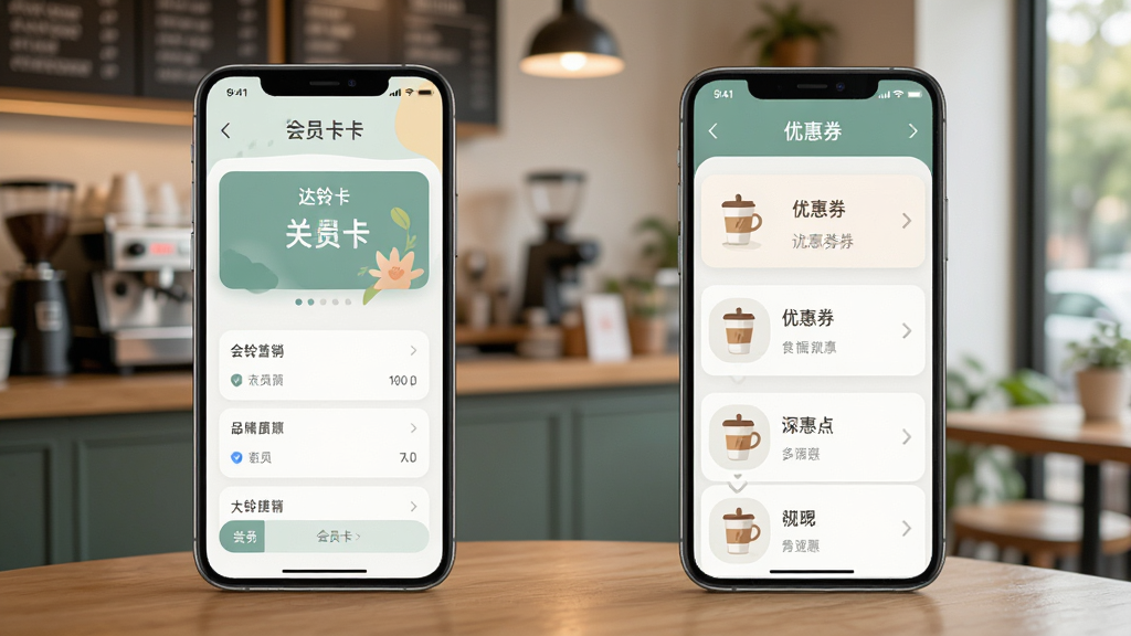 达铃会员营销功能展示图,展示手机端会员卡页面与优惠券列表,背景为咖啡馆环境,界面色彩柔和,信息层次分明,整体风格清新自然,画质清晰,无多余元素