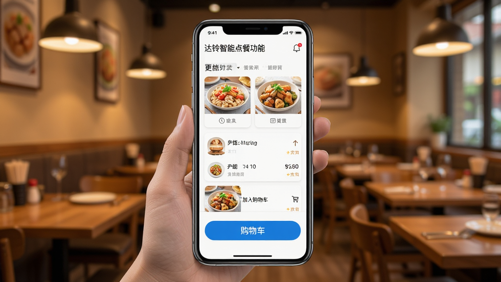 达铃智能点餐功能演示图,展示手机扫码后菜单界面,包含菜品分类、价格显示与加入购物车按钮,背景为温馨餐厅环境,界面设计清晰,操作按钮醒目,整体风格写实,排版整洁,画质清晰,无多余元素