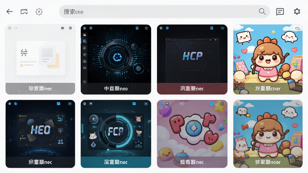 Clauncher主题库界面截图,网格展示多款不同风格的桌面主题缩略图,包含浅色简约风、深色科技风、卡通可爱风,每张缩略图下方有主题名称文字标签,界面顶部有搜索栏,整体布局清晰,色彩丰富,手机UI设计,高清画质,无多余元素
