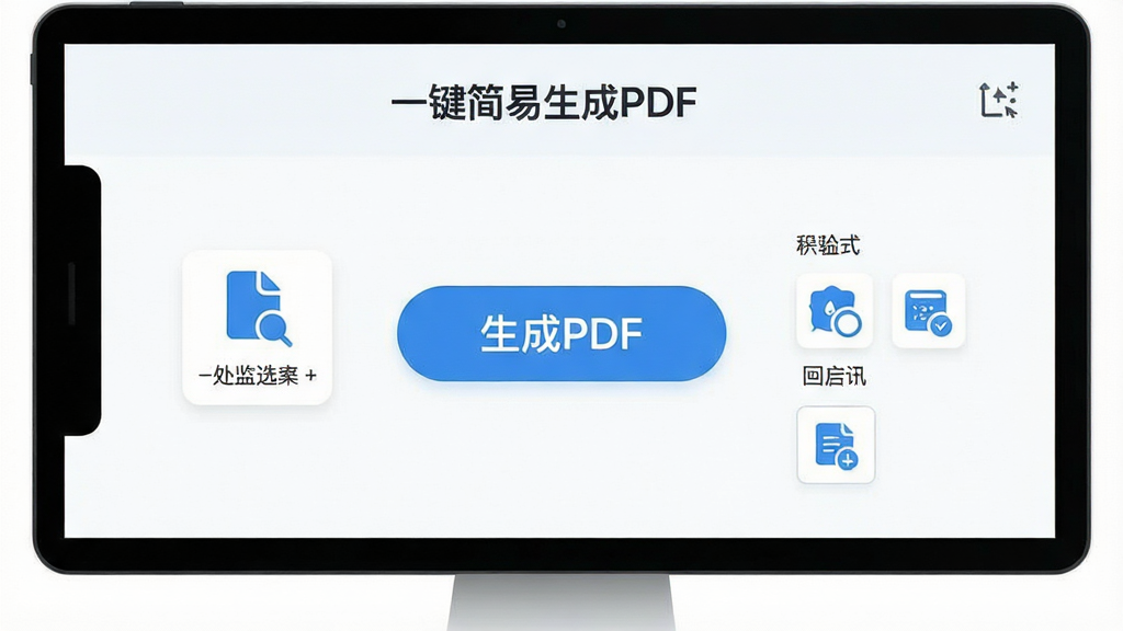 一张展示“一键简易生成PDF”应用主界面的高清预览图,界面简洁明亮,中央有一个醒目的“生成PDF”按钮,周围有文件选择、格式选项等图标,整体风格现代、扁平化,色彩以蓝色和白色为主,画质清晰干净,无多余元素。