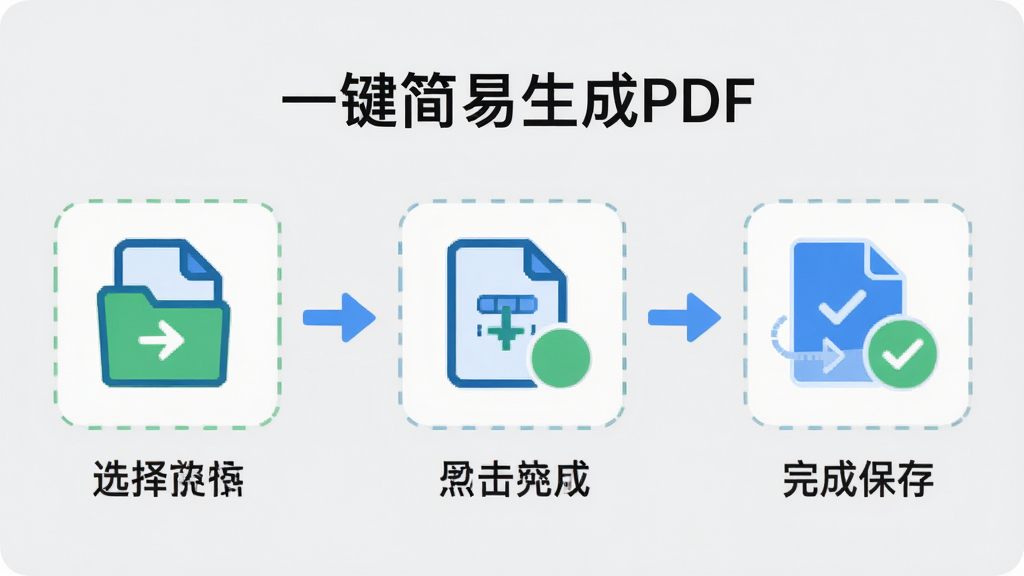 展示“一键简易生成PDF”操作步骤的示意图,画面分为三个步骤图标,分别代表选择文件、点击生成、完成保存,步骤之间用箭头连接,背景为浅灰色,图标采用蓝色和绿色点缀,整体风格简约清晰,画质干净无多余元素。
