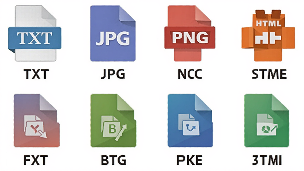 展示“一键简易生成PDF”支持多种文件格式的图标墙,包括TXT、JPG、PNG、HTML等图标,每个图标下方有对应格式名称,背景为白色,图标采用彩色扁平化设计,整体布局整齐有序,画质清晰。