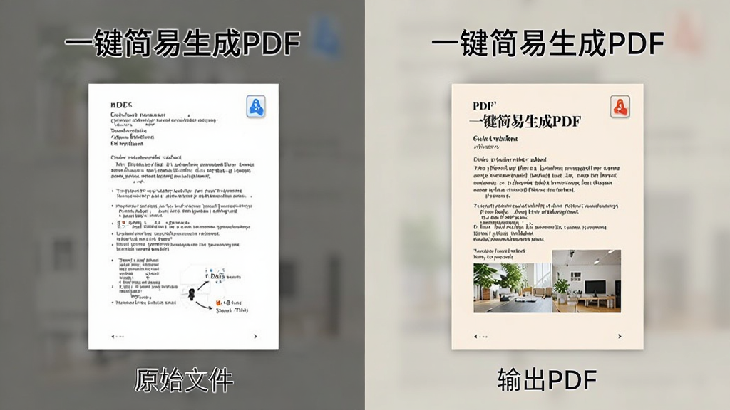 展示“一键简易生成PDF”输出效果对比图,左边为原始文件,右边为生成的PDF文件,右边PDF显示清晰锐利的文字和图片,背景为浅色,对比明显,整体风格专业,画质干净。