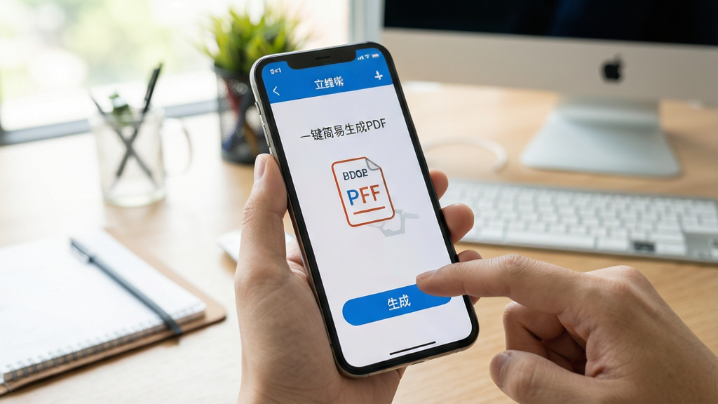 一张展示“一键简易生成PDF”在手机上操作过程的实拍图,手机屏幕显示应用界面,手指点击“生成”按钮,背景为办公桌面,画面清晰自然,光线明亮,风格写实,画质干净。