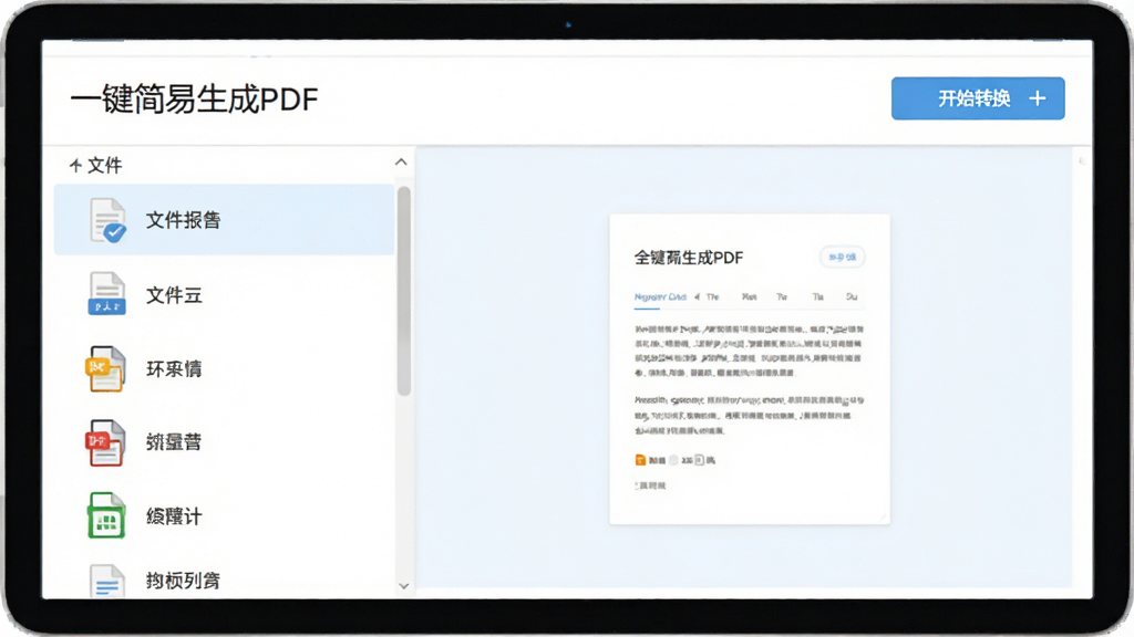 展示“一键简易生成PDF”批量处理功能的界面,左侧为文件列表,右侧显示合并预览,顶部有“开始转换”按钮,整体界面以白色和浅蓝色为主,文件列表中有多个文件图标,风格简洁专业,画质干净。