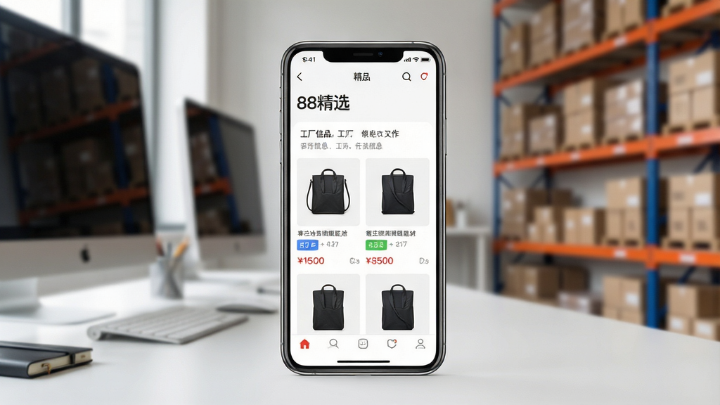 一张现代风格的电商选品工作台场景,主体是智能手机屏幕显示“88精选”应用界面,界面清晰展示商品列表与工厂信息,背景为模糊的电脑和货物架,布局居中,排版简洁,风格写实,细节包括界面上的商品缩略图和价格标签,画质高清干净,无多余元素