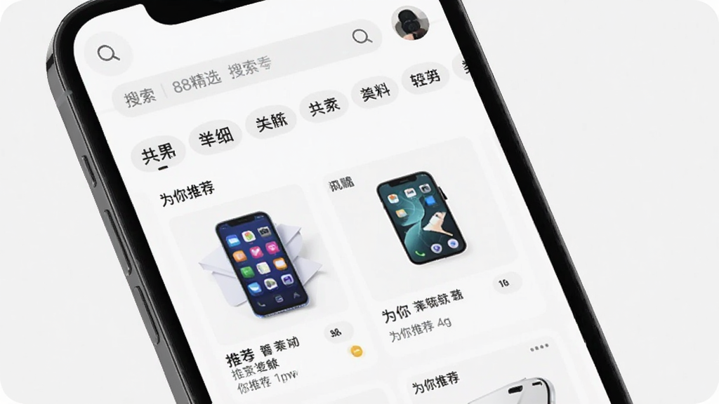 主体是手机屏幕展示“88精选”的智能推荐界面,布局采用列表形式,上方有搜索栏和分类标签,风格扁平化设计,细节显示推荐商品图片和“为你推荐”字样,画质干净清晰,无多余元素
