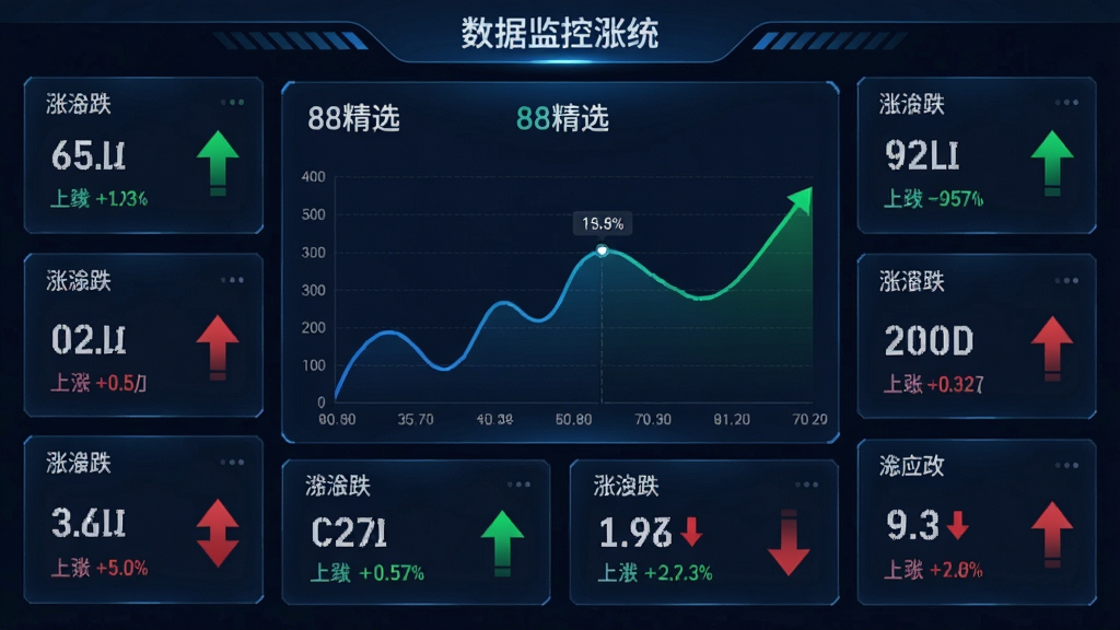 主体为一个数据监控大屏界面,中央显示“88精选”价格曲线图,周围有多个数据卡片展示涨跌信息,布局对称,风格科技感,细节包括绿色上涨和红色下跌箭头,画质高清,无多余元素