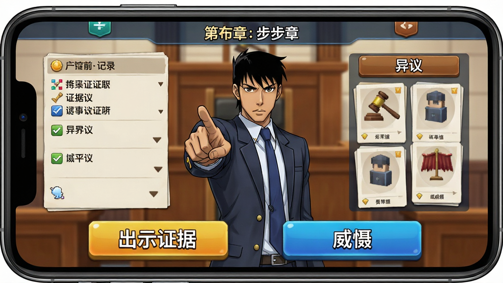 主体:手机横屏游戏画面,显示法庭辩论界面,成步堂手指前方,屏幕上有“异议”按钮。布局:画面中央是成步堂的立绘,左侧为对话记录,右侧为操作按钮。排版:底部有“出示证据”和“威慑”两个大按钮,顶部显示当前章节名称。风格:清晰的UI设计,色彩亮丽,按钮有立体感。细节:按钮上有中文标注,证据列表以卡片形式陈列。画质:高清,干净,无多余元素。