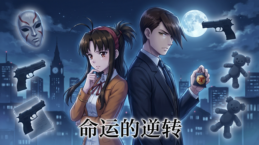 主体:游戏剧情插画,成步堂与女主角绫里真宵背靠背站立,周围漂浮着多个案件相关的关键物品剪影。布局:两人位于画面中央,背景是夜晚的城市轮廓和月光。排版:画面底部中央有“命运的逆转”字样。风格:唯美动漫风,色调偏冷,带有神秘感和紧张氛围。细节:真宵做出思考手势,成步堂手拿律师徽章,周围有半透明的证据物品如面具、手枪、玩偶等。画质:高清,干净,无多余元素。